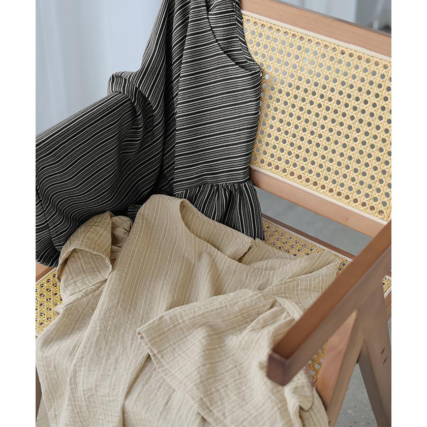 ブラウス ストライプ レディース トップス ベル袖 ロング シャツ チュニック 綿ライク しぼ感 ワッシャー フリル 半袖 しわになりにくい クルーネック 軽い 薄手 | HUG.U | 18