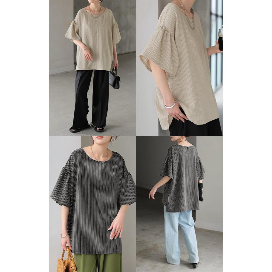 ブラウス ストライプ レディース トップス ベル袖 ロング シャツ チュニック 綿ライク しぼ感 ワッシャー フリル 半袖 しわになりにくい クルーネック 軽い 薄手 | HUG.U | 19