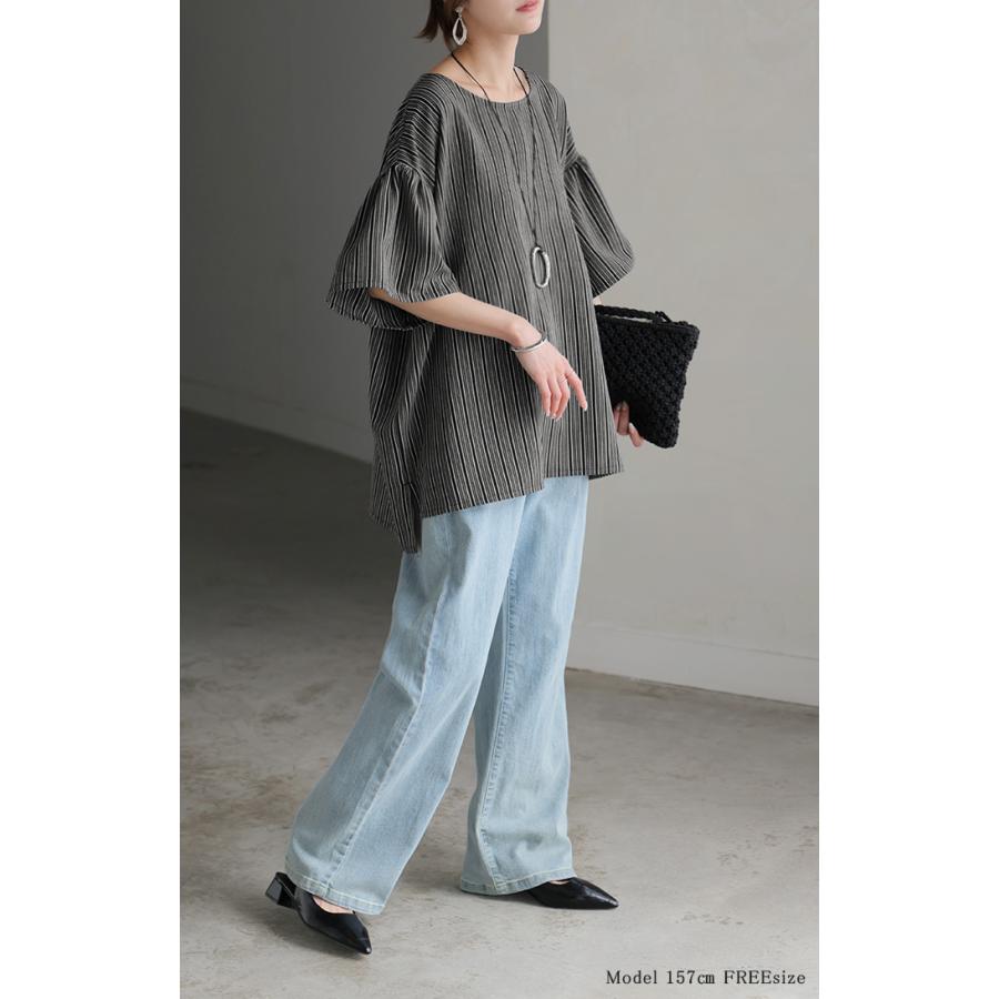 ブラウス ストライプ レディース トップス ベル袖 ロング シャツ チュニック 綿ライク しぼ感 ワッシャー フリル 半袖 しわになりにくい クルーネック 軽い 薄手 | HUG.U | 21