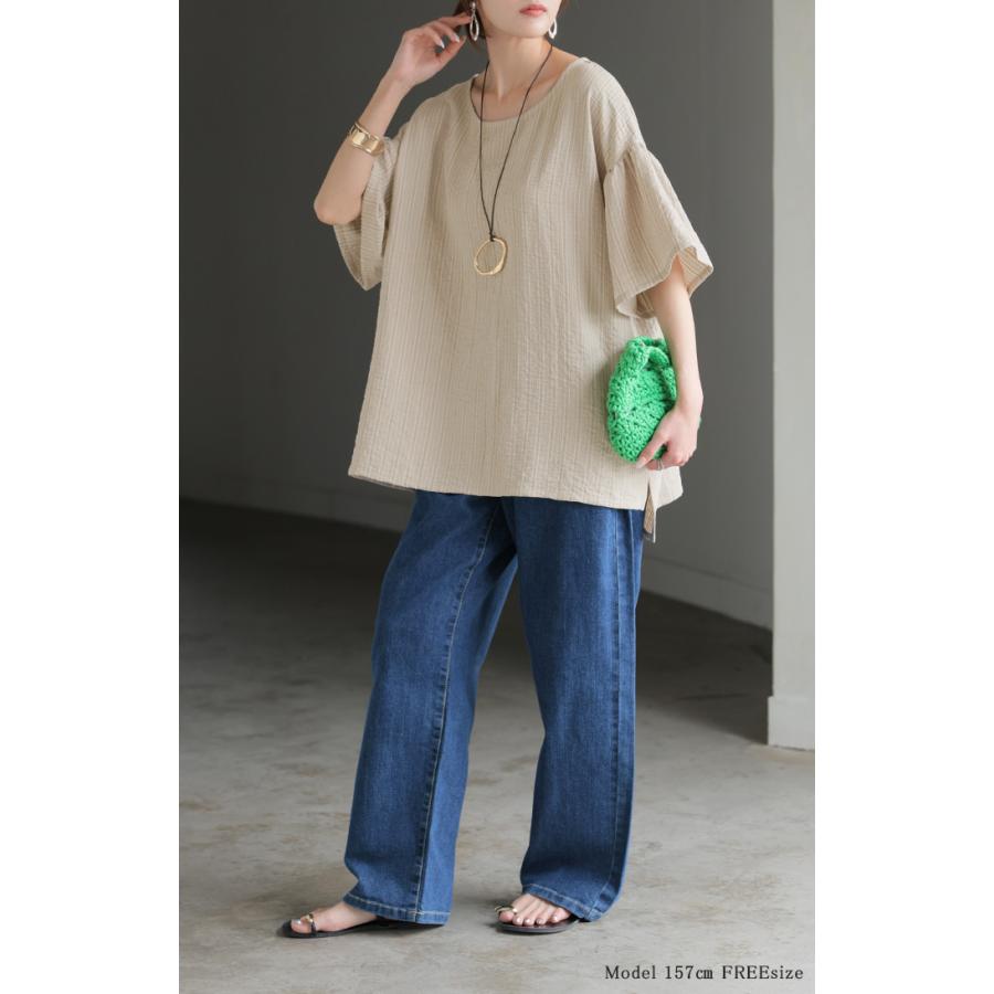 ブラウス ストライプ レディース トップス ベル袖 ロング シャツ チュニック 綿ライク しぼ感 ワッシャー フリル 半袖 しわになりにくい クルーネック 軽い 薄手 | HUG.U | 05