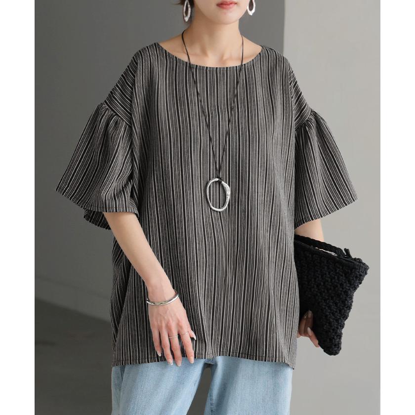 ブラウス ストライプ レディース トップス ベル袖 ロング シャツ チュニック 綿ライク しぼ感 ワッシャー フリル 半袖 しわになりにくい クルーネック 軽い 薄手 | HUG.U | 06