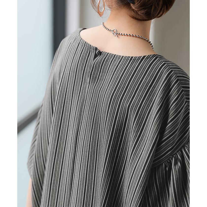 ブラウス ストライプ レディース トップス ベル袖 ロング シャツ チュニック 綿ライク しぼ感 ワッシャー フリル 半袖 しわになりにくい クルーネック 軽い 薄手 | HUG.U | 09