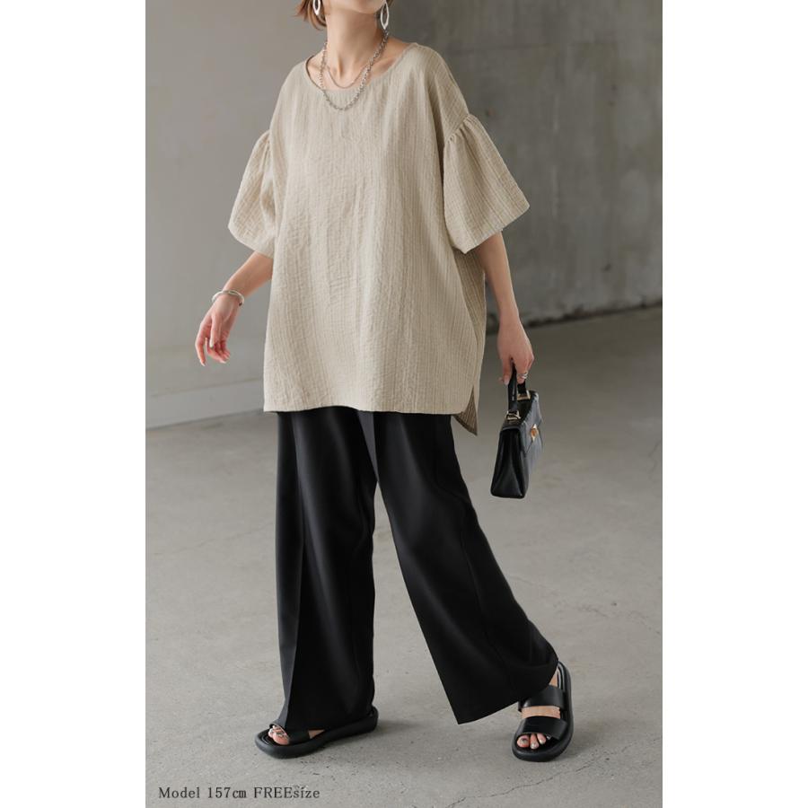 ブラウス ストライプ レディース トップス ベル袖 ロング シャツ チュニック 綿ライク しぼ感 ワッシャー フリル 半袖 しわになりにくい クルーネック 軽い 薄手 | HUG.U | 10