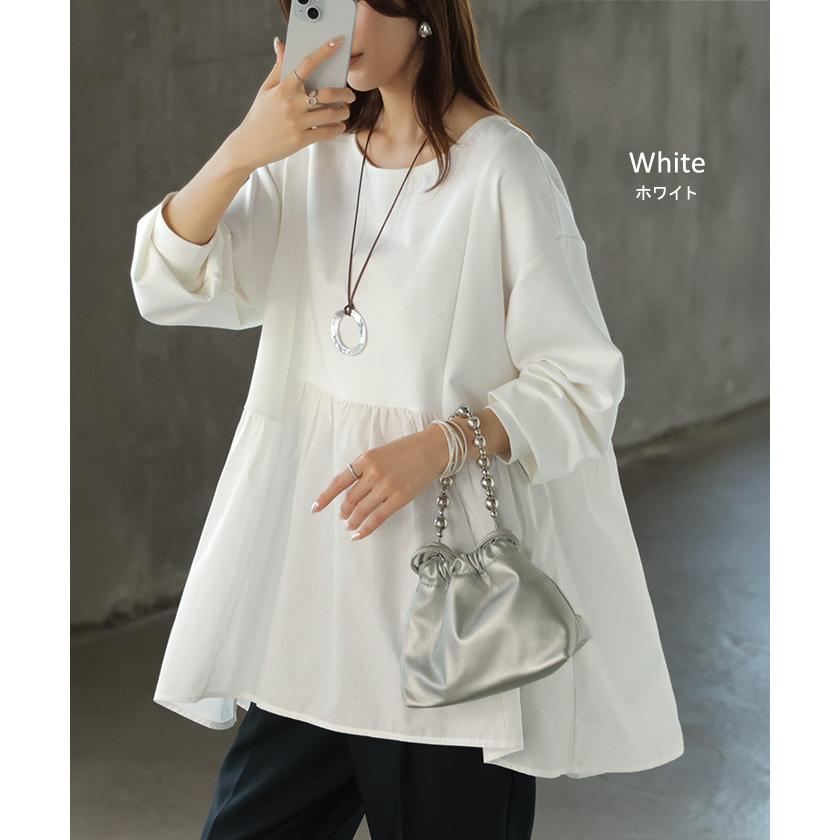 トップス ポンチ スウェット シャツ 異素材 ドッキング レディース ペプラム ロング トレーナー チュニック プルオーバー ペプラムトップス 無地 長袖 | HUG.U | 12