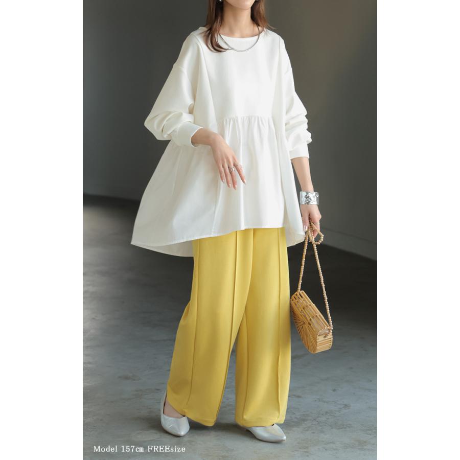 トップス ポンチ スウェット シャツ 異素材 ドッキング レディース ペプラム ロング トレーナー チュニック プルオーバー ペプラムトップス 無地 長袖 | HUG.U | 16