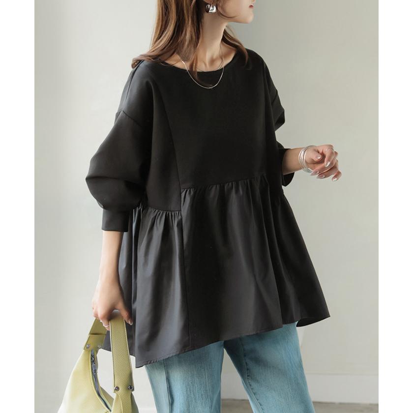 トップス ポンチ スウェット シャツ 異素材 ドッキング レディース ペプラム ロング トレーナー チュニック プルオーバー ペプラムトップス 無地 長袖 | HUG.U | 17