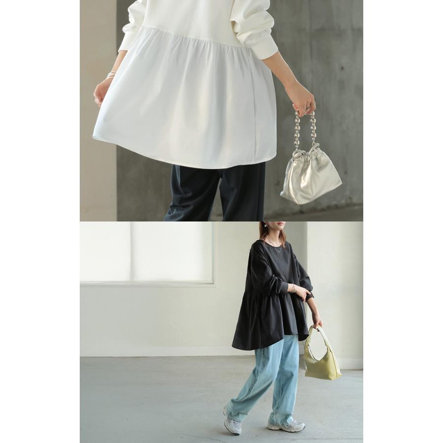 トップス ポンチ スウェット シャツ 異素材 ドッキング レディース ペプラム ロング トレーナー チュニック プルオーバー ペプラムトップス 無地 長袖 | HUG.U | 19