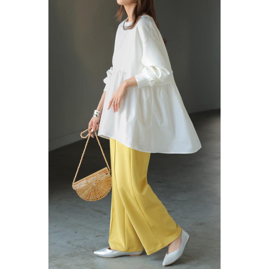 トップス ポンチ スウェット シャツ 異素材 ドッキング レディース ペプラム ロング トレーナー チュニック プルオーバー ペプラムトップス 無地 長袖 | HUG.U | 20