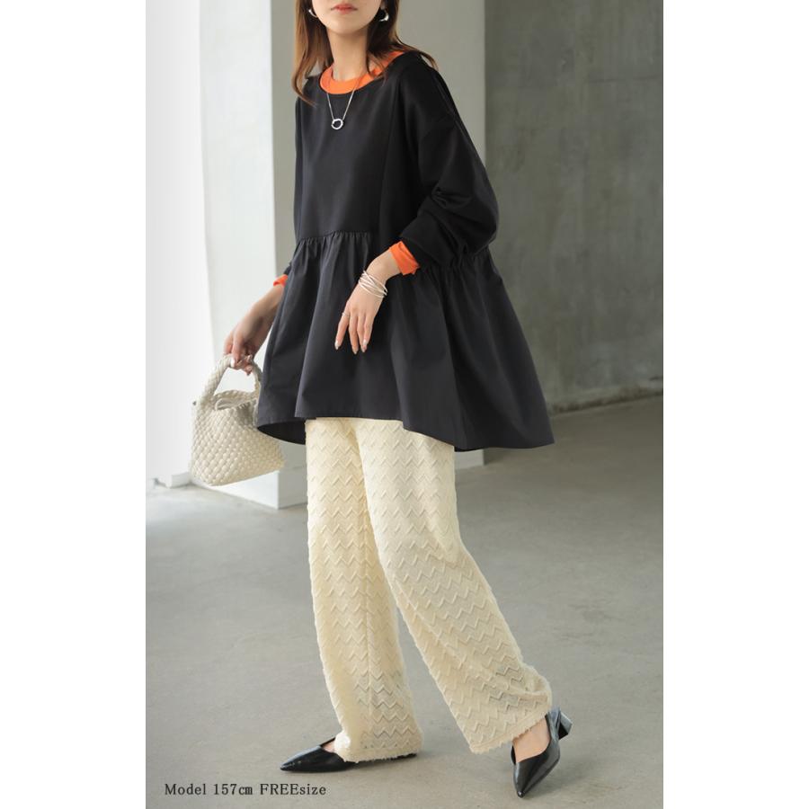 トップス ポンチ スウェット シャツ 異素材 ドッキング レディース ペプラム ロング トレーナー チュニック プルオーバー ペプラムトップス 無地 長袖 | HUG.U | 04