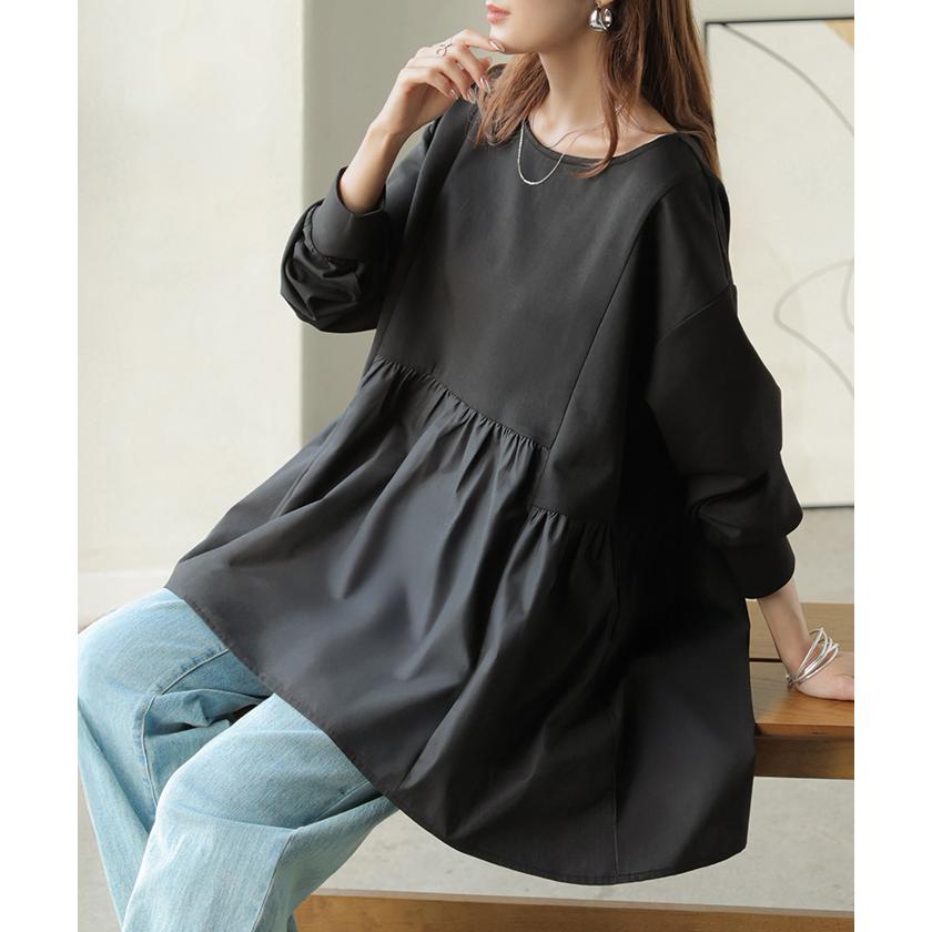 トップス ポンチ スウェット シャツ 異素材 ドッキング レディース ペプラム ロング トレーナー チュニック プルオーバー ペプラムトップス 無地 長袖 | HUG.U | 06