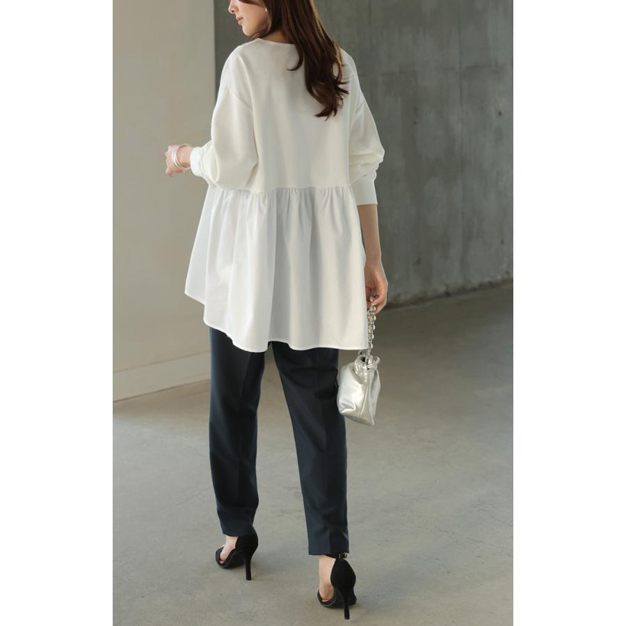 トップス ポンチ スウェット シャツ 異素材 ドッキング レディース ペプラム ロング トレーナー チュニック プルオーバー ペプラムトップス 無地 長袖 | HUG.U | 07