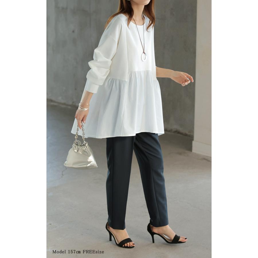 トップス ポンチ スウェット シャツ 異素材 ドッキング レディース ペプラム ロング トレーナー チュニック プルオーバー ペプラムトップス 無地 長袖 | HUG.U | 10