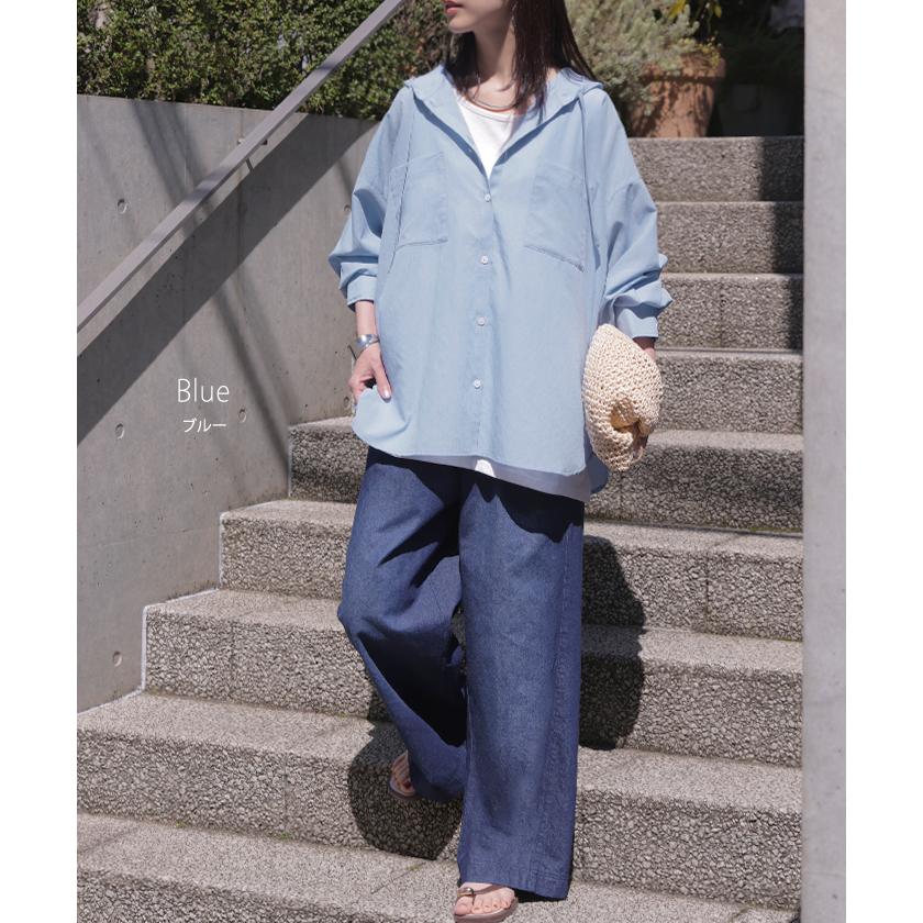 シャツ シアーシャツ フード付き パーカー トップス アウター レディース 羽織り 前開き 長袖シャツ ブラウス リネン混 Vネック 薄手 冷房対策 お尻が隠れる | HUG.U | 15