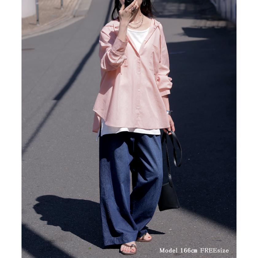 シャツ シアーシャツ フード付き パーカー トップス アウター レディース 羽織り 前開き 長袖シャツ ブラウス リネン混 Vネック 薄手 冷房対策 お尻が隠れる | HUG.U | 20