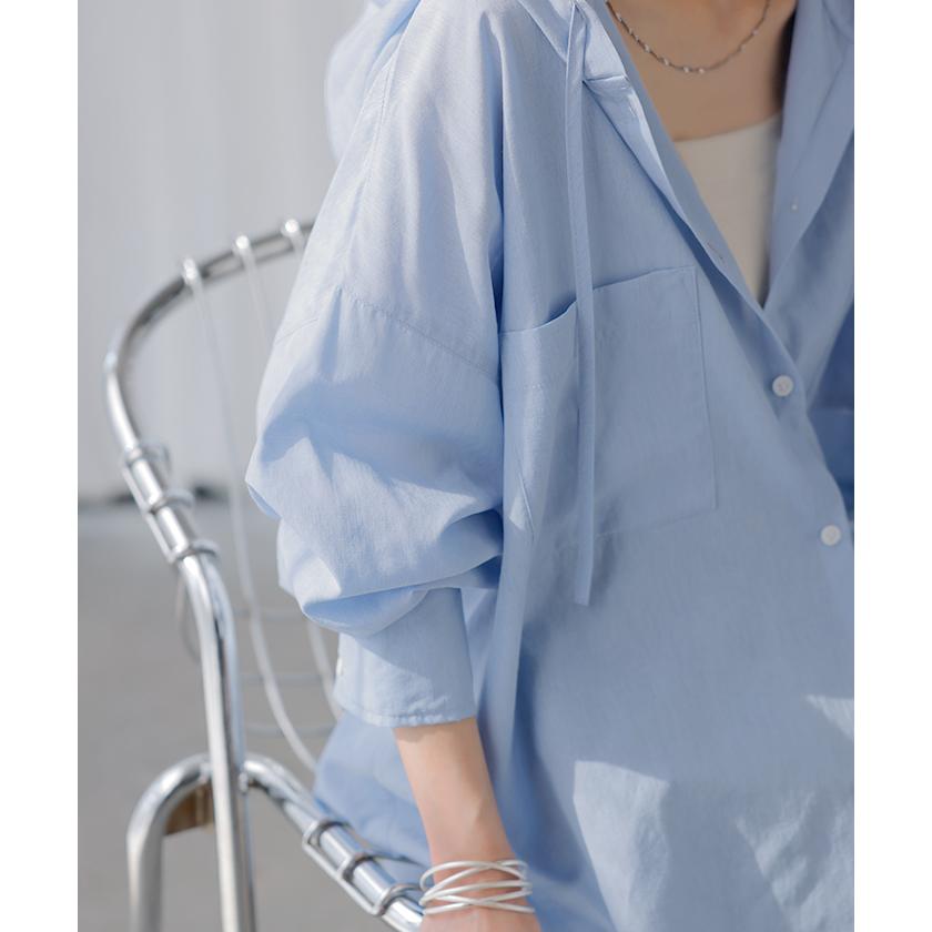 シャツ シアーシャツ フード付き パーカー トップス アウター レディース 羽織り 前開き 長袖シャツ ブラウス リネン混 Vネック 薄手 冷房対策 お尻が隠れる | HUG.U | 21