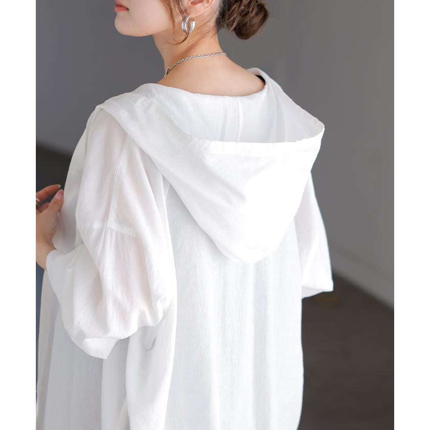 シャツ シアーシャツ フード付き パーカー トップス アウター レディース 羽織り 前開き 長袖シャツ ブラウス リネン混 Vネック 薄手 冷房対策 お尻が隠れる | HUG.U | 06