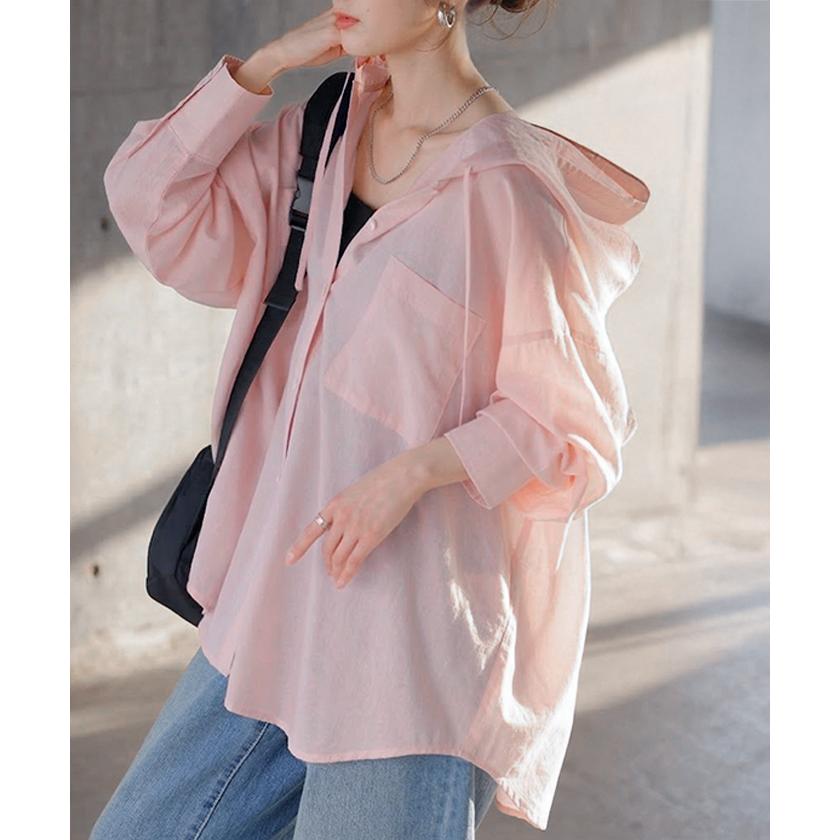 シャツ シアーシャツ フード付き パーカー トップス アウター レディース 羽織り 前開き 長袖シャツ ブラウス リネン混 Vネック 薄手 冷房対策 お尻が隠れる | HUG.U | 08