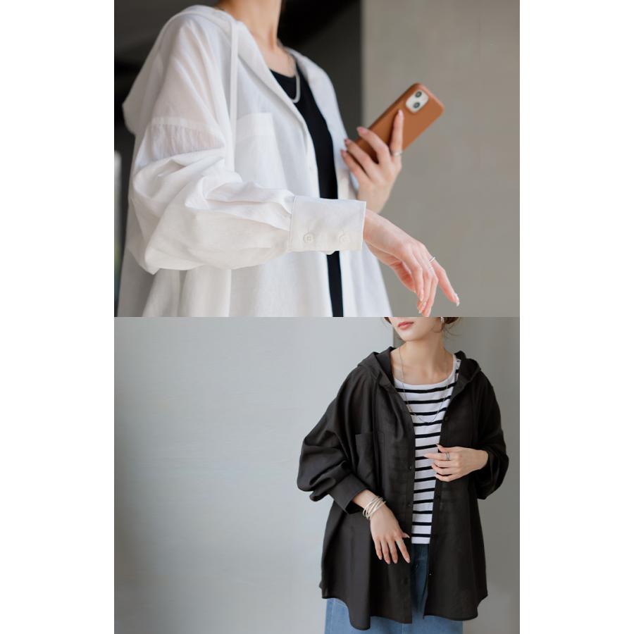 シャツ シアーシャツ フード付き パーカー トップス アウター レディース 羽織り 前開き 長袖シャツ ブラウス リネン混 Vネック 薄手 冷房対策 お尻が隠れる | HUG.U | 10