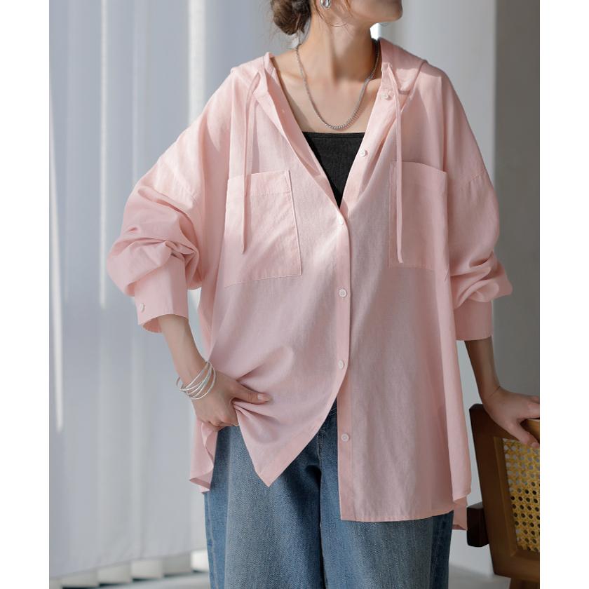 シャツ シアーシャツ フード付き パーカー トップス アウター レディース 羽織り 前開き 長袖シャツ ブラウス リネン混 Vネック 薄手 冷房対策 お尻が隠れる | HUG.U | 11