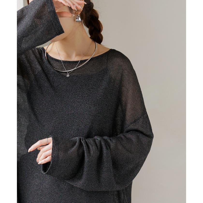 ニット シアーニット ラメ レディース 透かし編み トップス セーター チュニック シアー 透け感 上品 レイヤード 重ね着 天竺編み ゆったり 体型カバー | HUG.U | 20