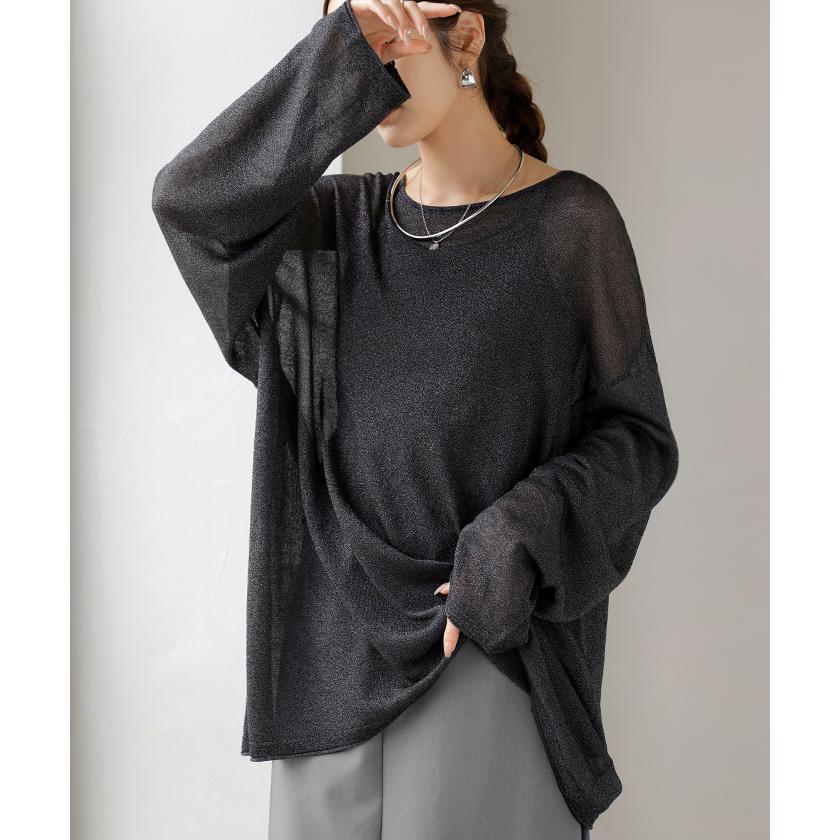 ニット シアーニット ラメ レディース 透かし編み トップス セーター チュニック シアー 透け感 上品 レイヤード 重ね着 天竺編み ゆったり 体型カバー | HUG.U | 08