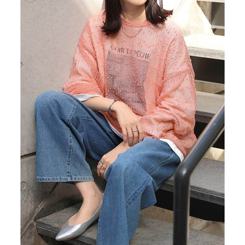 サマーニット シアー レディース トップス 透かし編み スパンコール ロング ニット セーター プルオーバー レイヤード 透け チクチクしない 重ね着 薄手 | HUG.U | 10