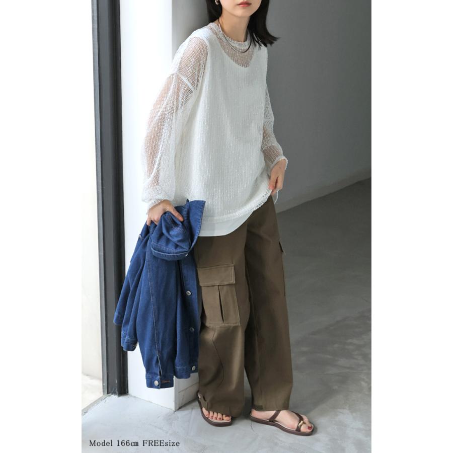 サマーニット シアー レディース トップス 透かし編み スパンコール ロング ニット セーター プルオーバー レイヤード 透け チクチクしない 重ね着 薄手 | HUG.U | 11