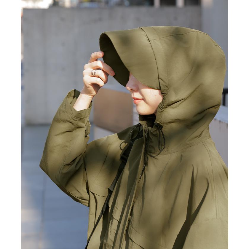 レインコート アウター 撥水 軽量 レディース 自転車 ロング マンパ マウンテンパーカー フード付き ツバ付き 取り外し可能 体型カバー 大きいサイズ | HUG.U | 16