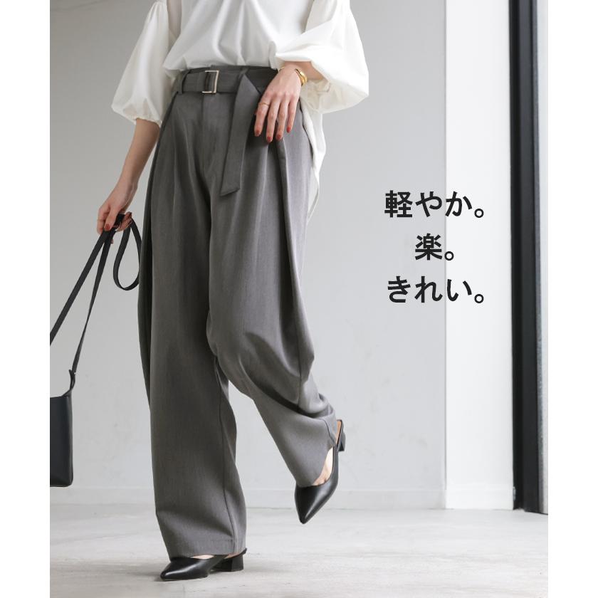 パンツ タック サイドラップ レディース スラックス ワイドパンツ ラップパンツ ボトムス ズボン シワになりにくい バレルレッグ ウエストゴム 体型カバー | HUG.U | 18