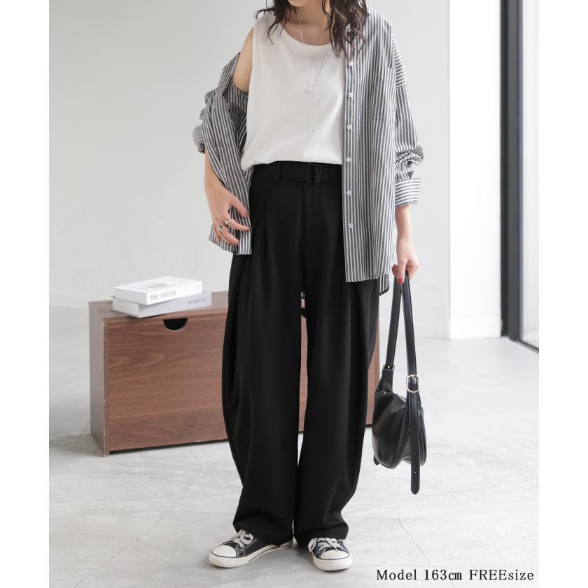 パンツ タック サイドラップ レディース スラックス ワイドパンツ ラップパンツ ボトムス ズボン シワになりにくい バレルレッグ ウエストゴム 体型カバー | HUG.U | 19