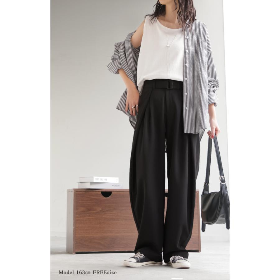 パンツ タック サイドラップ レディース スラックス ワイドパンツ ラップパンツ ボトムス ズボン シワになりにくい バレルレッグ ウエストゴム 体型カバー | HUG.U | 05