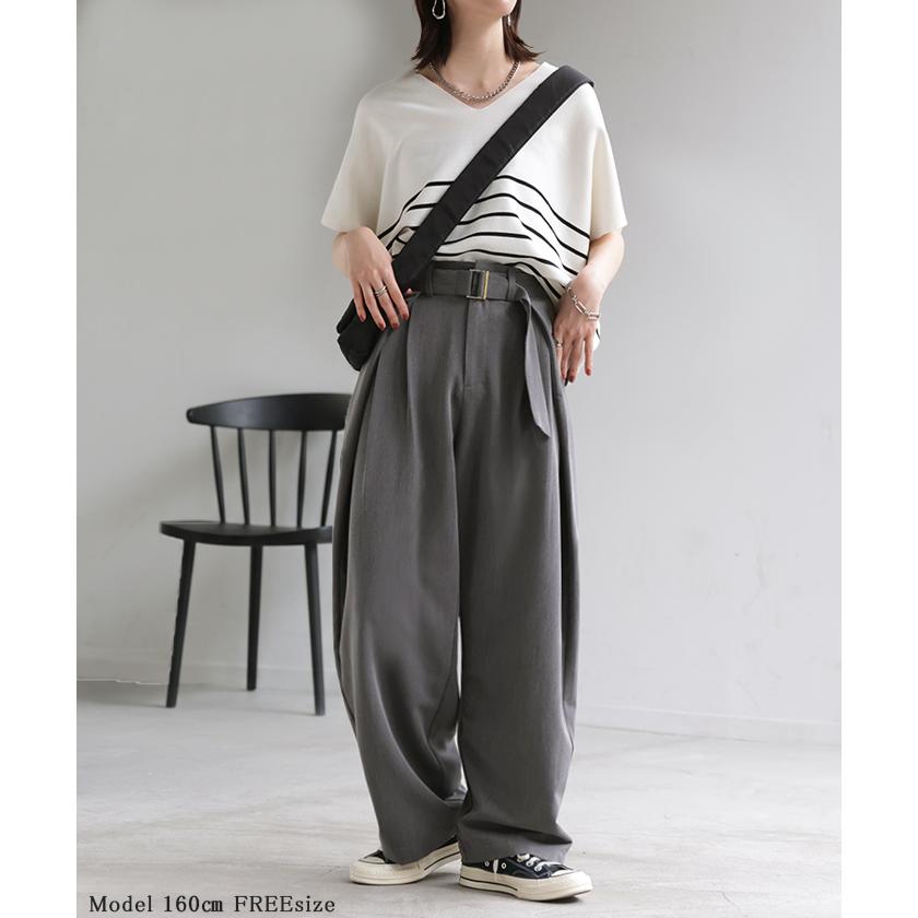 パンツ タック サイドラップ レディース スラックス ワイドパンツ ラップパンツ ボトムス ズボン シワになりにくい バレルレッグ ウエストゴム 体型カバー | HUG.U | 08