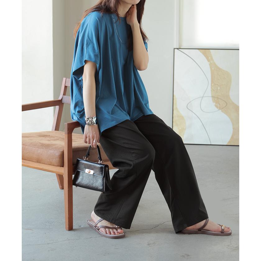 パンツ シワになりにくい ボトムス レディース 軽い 超軽量 選べる2丈 スラックス イージーパンツ ワイドパンツ ウエストゴム ノンアイロン タック 落ち感 | HUG.U | 23