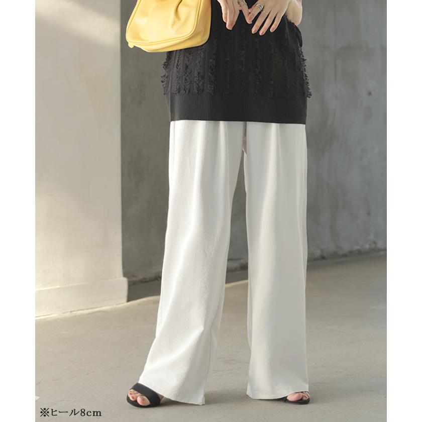 パンツ シワになりにくい ボトムス レディース 軽い 超軽量 選べる2丈 スラックス イージーパンツ ワイドパンツ ウエストゴム ノンアイロン タック 落ち感 | HUG.U | 07