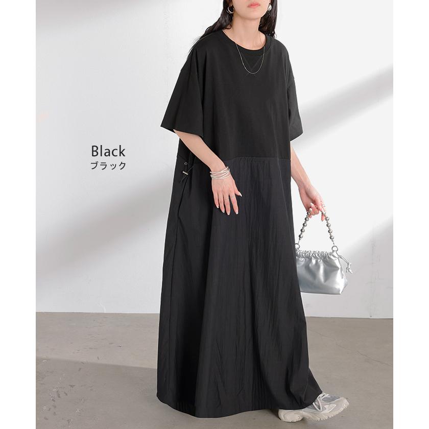 ワンピース ロング 異素材 MIX レディース ワンピ ロングワンピース Aライン マキシ マキシワンピース ドロスト 裾ドッキング 綿100 ワッシャー 軽い 薄手 大判 | HUG.U | 14