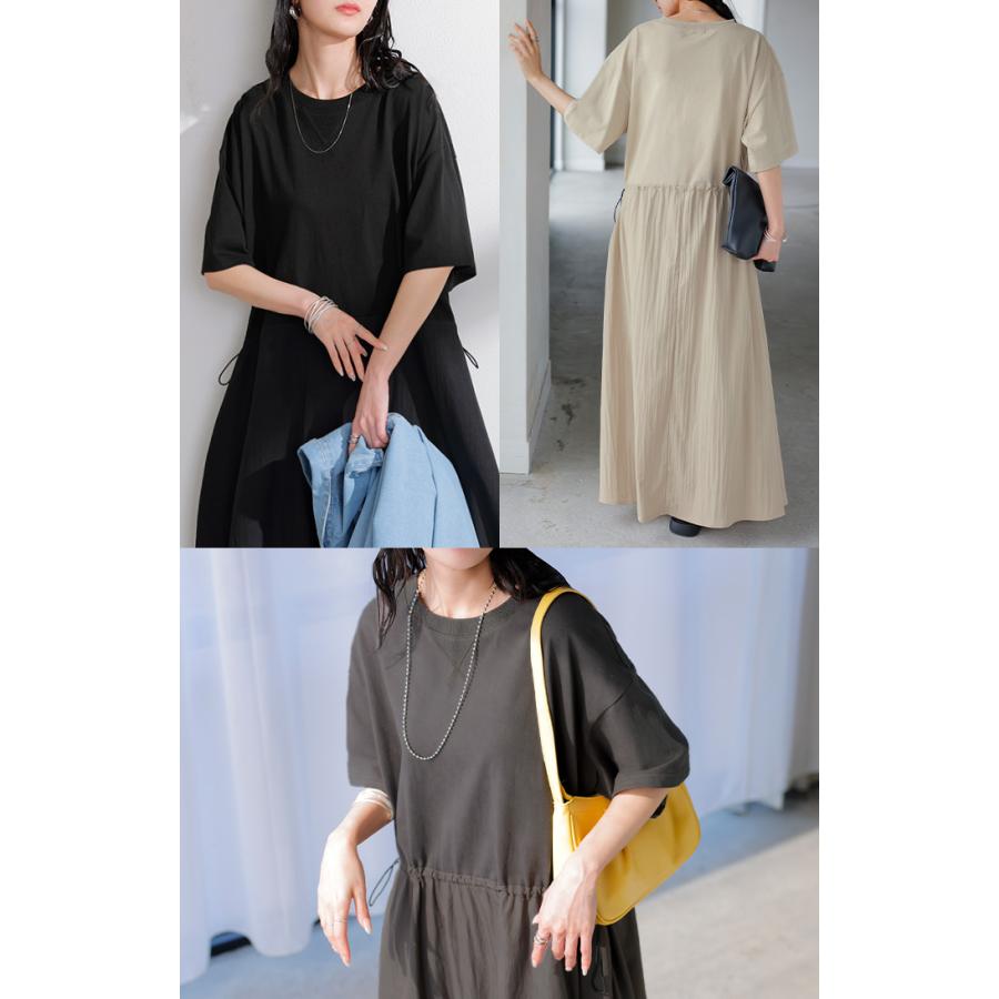 ワンピース ロング 異素材 MIX レディース ワンピ ロングワンピース Aライン マキシ マキシワンピース ドロスト 裾ドッキング 綿100 ワッシャー 軽い 薄手 大判 | HUG.U | 17