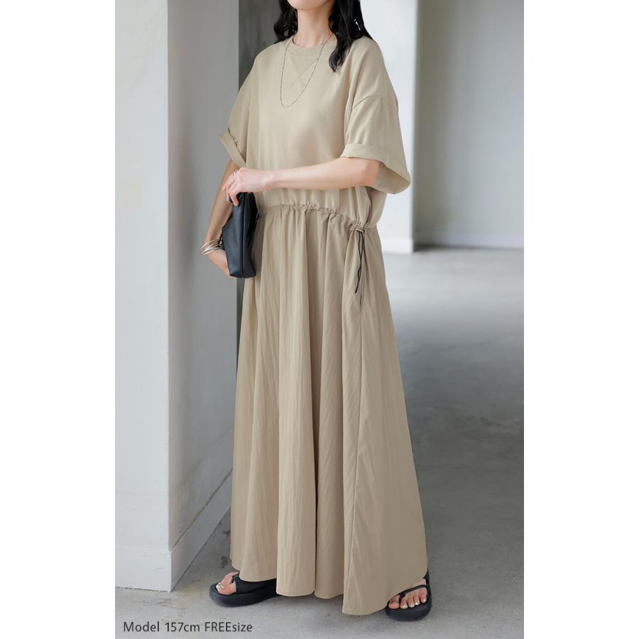 ワンピース ロング 異素材 MIX レディース ワンピ ロングワンピース Aライン マキシ マキシワンピース ドロスト 裾ドッキング 綿100 ワッシャー 軽い 薄手 大判 | HUG.U | 19