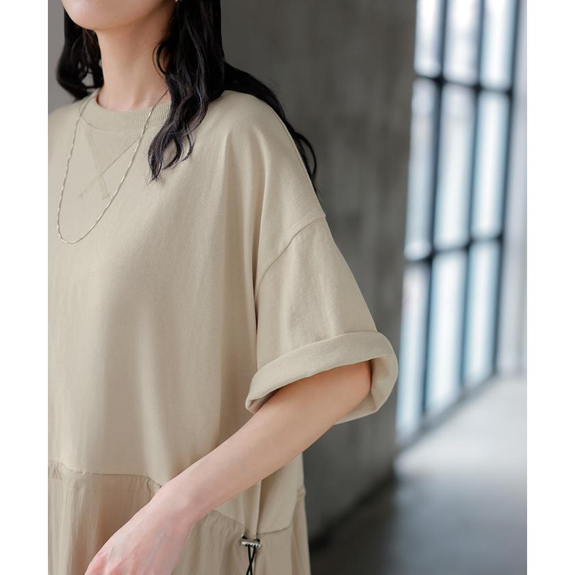 ワンピース ロング 異素材 MIX レディース ワンピ ロングワンピース Aライン マキシ マキシワンピース ドロスト 裾ドッキング 綿100 ワッシャー 軽い 薄手 大判 | HUG.U | 05