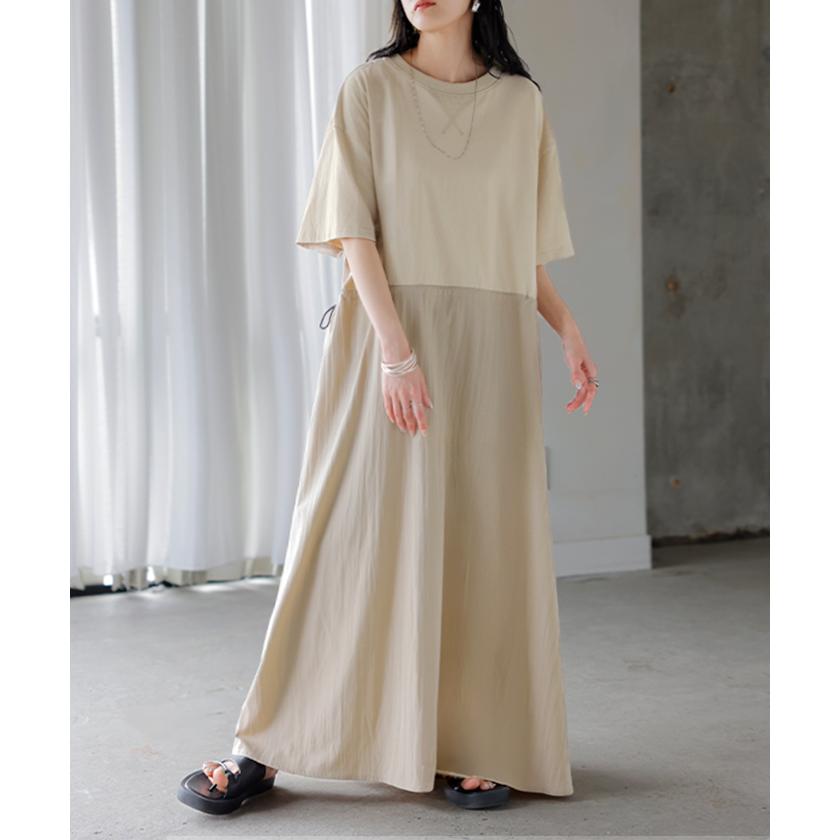 ワンピース ロング 異素材 MIX レディース ワンピ ロングワンピース Aライン マキシ マキシワンピース ドロスト 裾ドッキング 綿100 ワッシャー 軽い 薄手 大判 | HUG.U | 07
