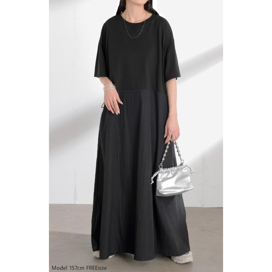 ワンピース ロング 異素材 MIX レディース ワンピ ロングワンピース Aライン マキシ マキシワンピース ドロスト 裾ドッキング 綿100 ワッシャー 軽い 薄手 大判 | HUG.U | 09
