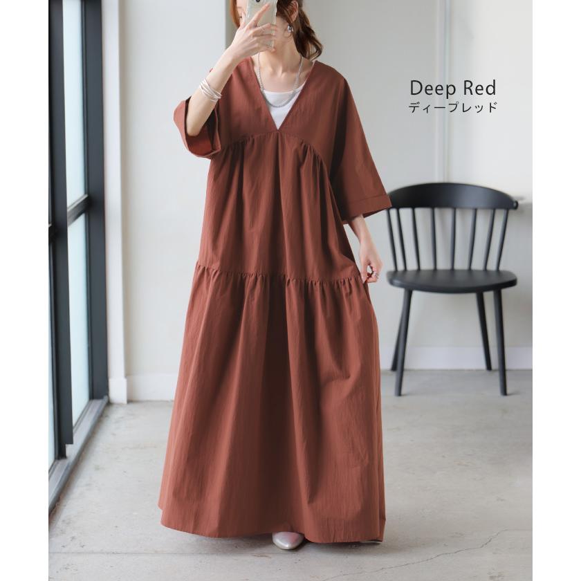 ワンピース ロング ティアード レディース ワンピ ロングワンピース Aライン フレア Vネック マキシ ワッシャー シワ加工 綿 無地 軽い レイヤード ボリューム | HUG.U | 15