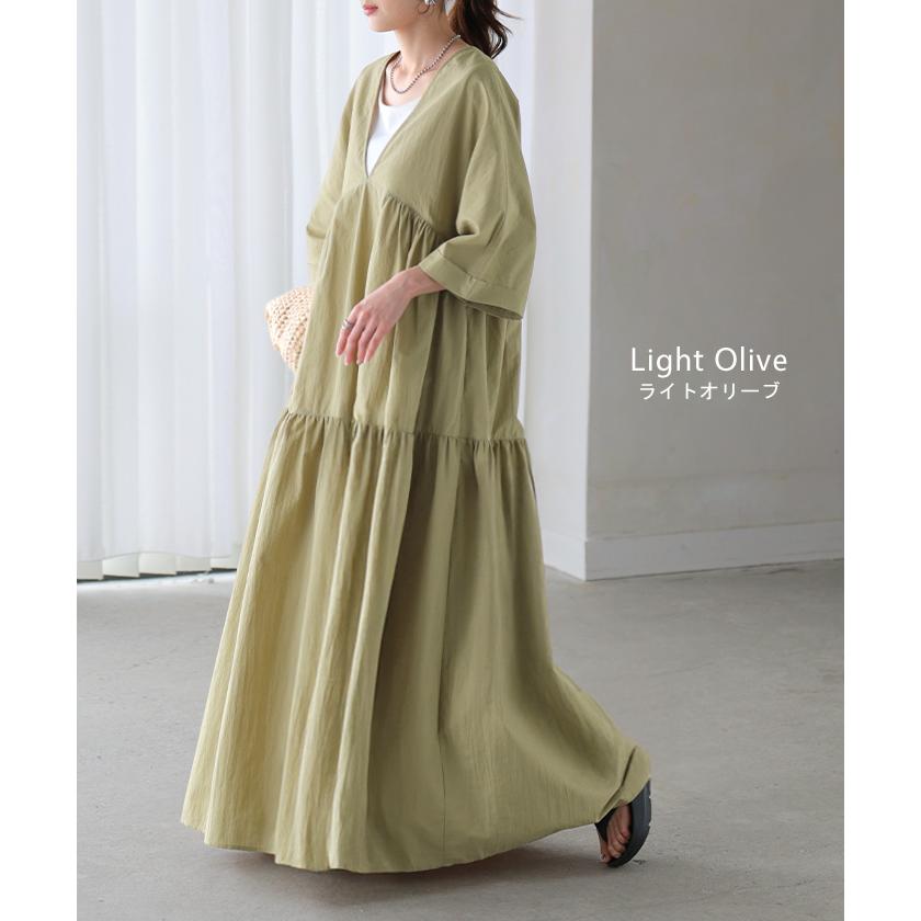 ワンピース ロング ティアード レディース ワンピ ロングワンピース Aライン フレア Vネック マキシ ワッシャー シワ加工 綿 無地 軽い レイヤード ボリューム | HUG.U | 16