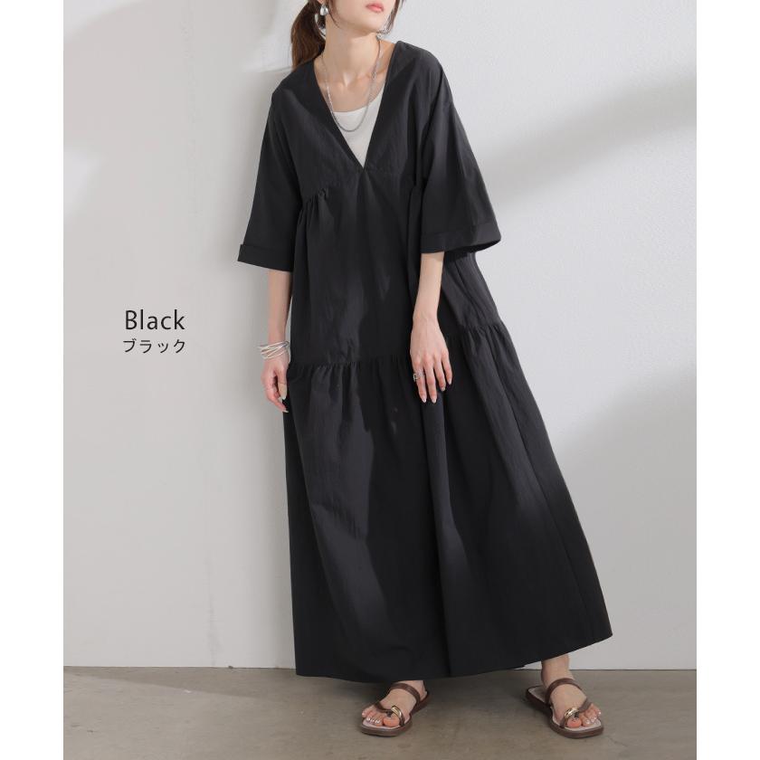 ワンピース ロング ティアード レディース ワンピ ロングワンピース Aライン フレア Vネック マキシ ワッシャー シワ加工 綿 無地 軽い レイヤード ボリューム | HUG.U | 18
