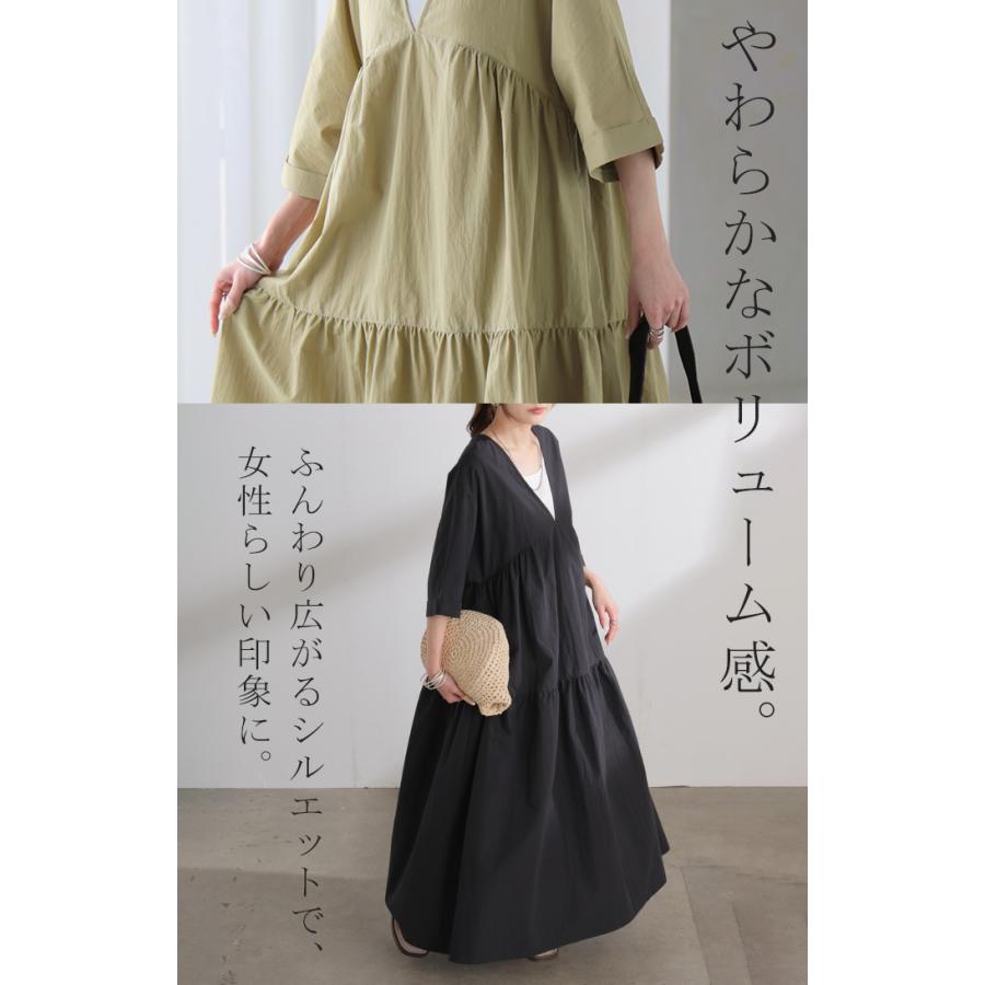 ワンピース ロング ティアード レディース ワンピ ロングワンピース Aライン フレア Vネック マキシ ワッシャー シワ加工 綿 無地 軽い レイヤード ボリューム | HUG.U | 20