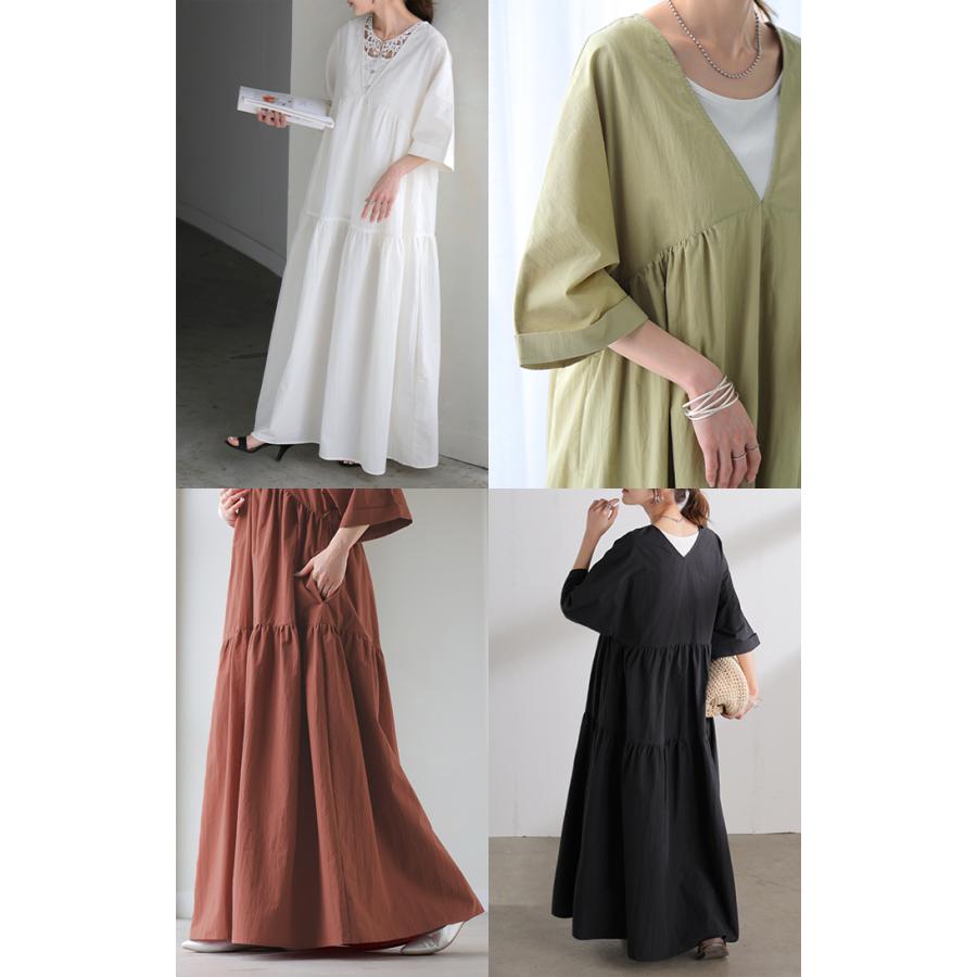 ワンピース ロング ティアード レディース ワンピ ロングワンピース Aライン フレア Vネック マキシ ワッシャー シワ加工 綿 無地 軽い レイヤード ボリューム | HUG.U | 23