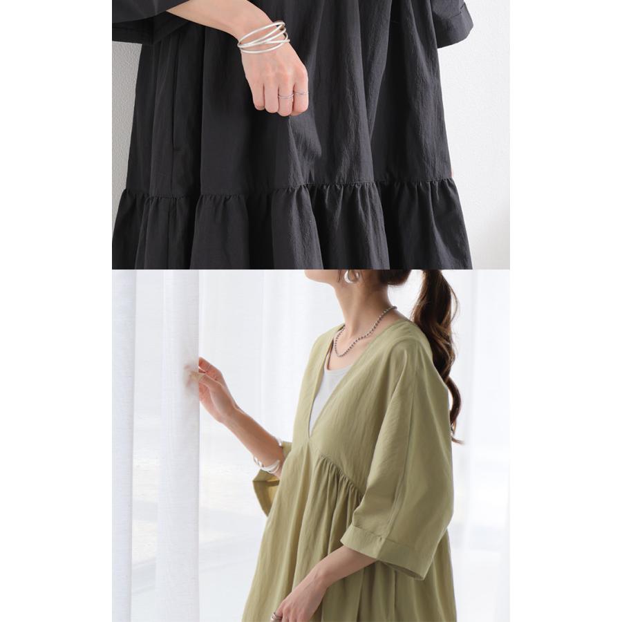 ワンピース ロング ティアード レディース ワンピ ロングワンピース Aライン フレア Vネック マキシ ワッシャー シワ加工 綿 無地 軽い レイヤード ボリューム | HUG.U | 07