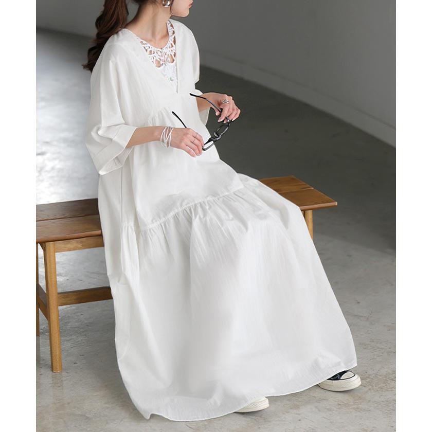 ワンピース ロング ティアード レディース ワンピ ロングワンピース Aライン フレア Vネック マキシ ワッシャー シワ加工 綿 無地 軽い レイヤード ボリューム | HUG.U | 08