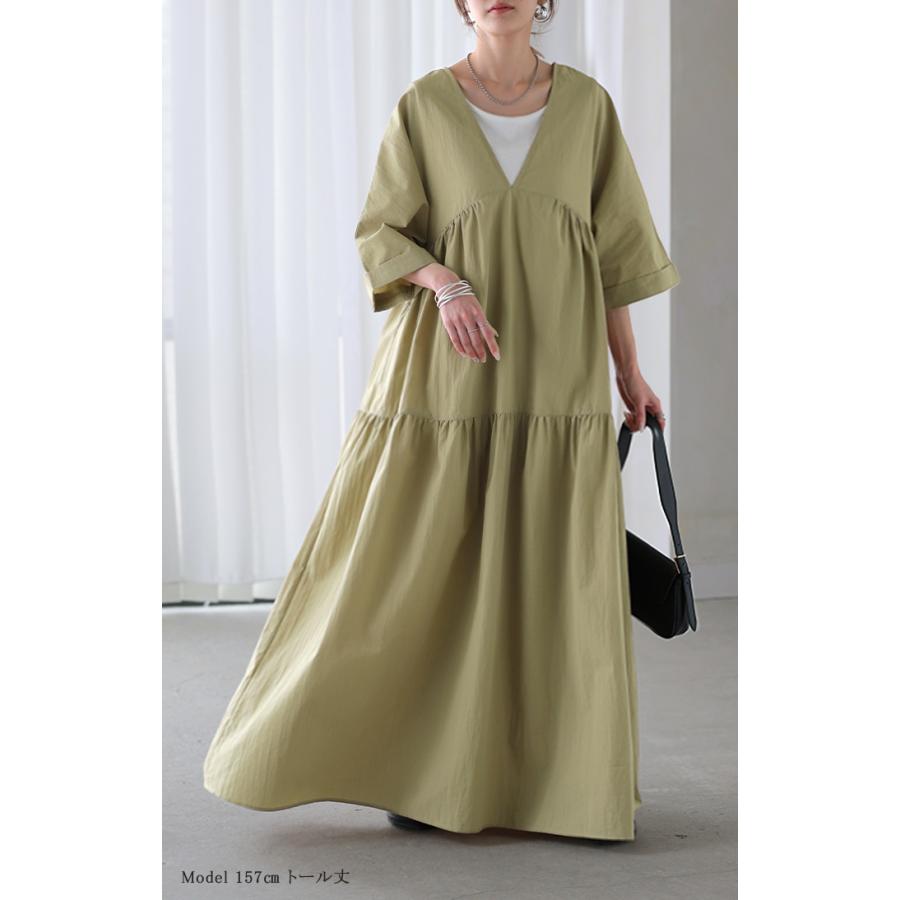 ワンピース ロング ティアード レディース ワンピ ロングワンピース Aライン フレア Vネック マキシ ワッシャー シワ加工 綿 無地 軽い レイヤード ボリューム | HUG.U | 11
