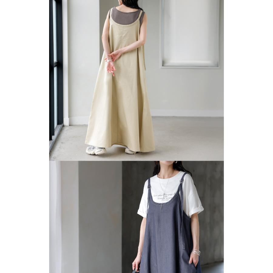ワンピース ロング デニム フレア キャミ レディース キャミワンピ ロングワンピース マキシ キャミソールワンピース Aライン 軽い ノースリーブ レイヤードの画像