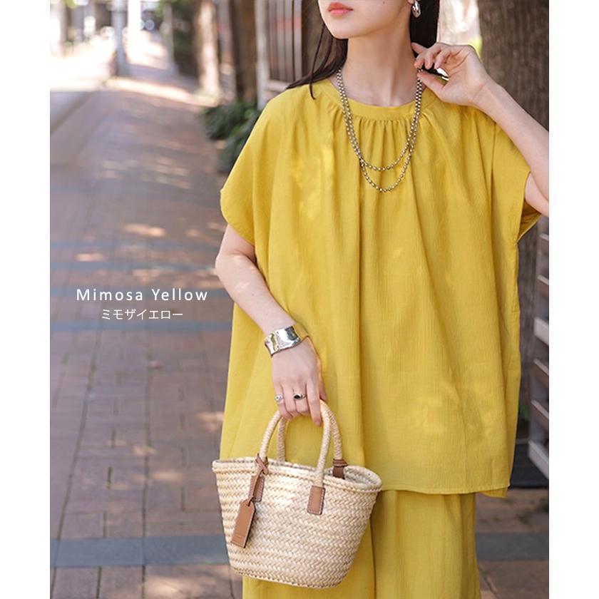 セットアップ 上下セット 2点セット レディース ボトムス パンツ トップス ブラウス フレンチスリーブ ギャザー 楊柳 ジョーゼット 半袖 ワイドパンツ ロング | HUG.U | 14